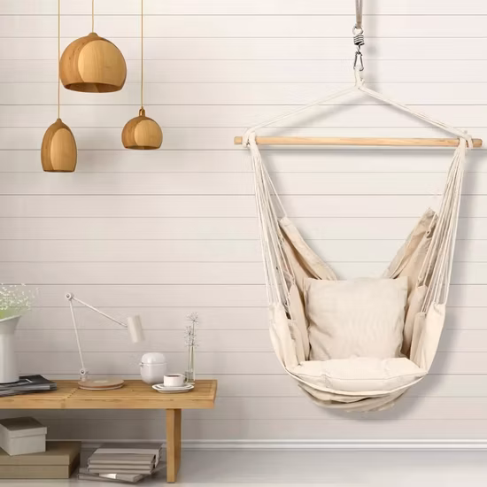 Silla hamaca de cuerda de algodón con macramé, silla columpio, columpio de jardín, silla colgante hamaca con borla, columpio nido, columpio cesta